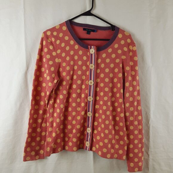 Boden Womens Size 14 Button Down Sweater Pink, Yellow&Purple Polka Dot Cardigan - Picture 1 of 16
